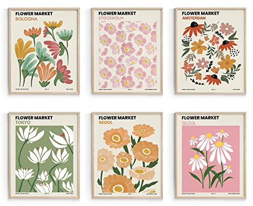 Habseligkeit Blumen-Wandbilder, Boho-Vintage-Master-Wanddeko, Poster für Raumdeko im ästhetischen Stil, ungerahmt, 28 x 36 cm, Rosa , 6er-Set