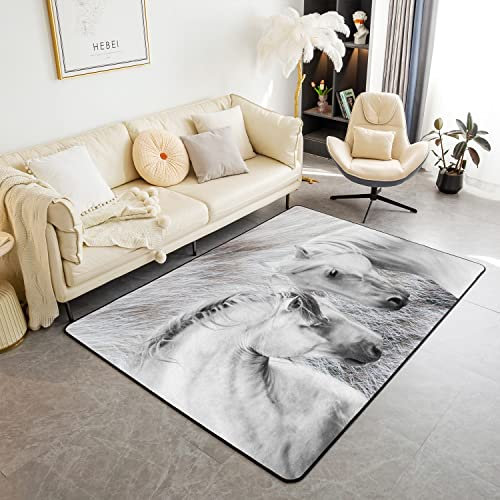 Loussiesd Pferd Weich Teppich 100x150cm Wetterfest Kuhfell Innenbereich Bodenmatte für Küche und Balkonative Farm Kuhboy Modern Teppich Western Farm Tier Skin Weiß Grau Outdoor Teppich