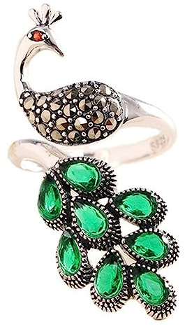 Women's S925 Sterling Silber Pfau Edelstein Ring, Vintage Mode Einstellbar Edelstein Ring,Grün,9