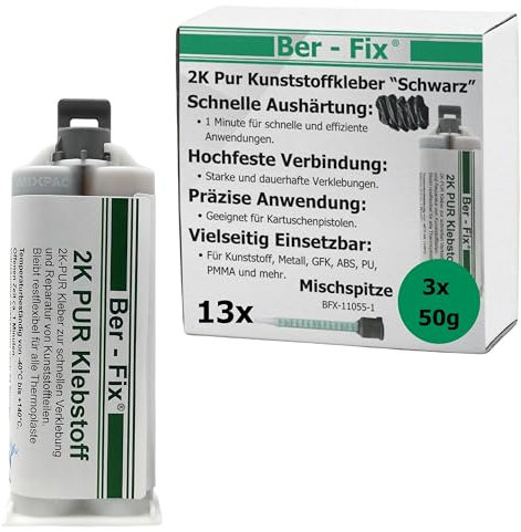 Ber-Fix Stoßstange Reparatur 2K PUR 60Sek. SCHWARZER Kunststoffkleber 2K Kleber Kunststoff-Reparatur 3x 50g Kartusche 1:1 + 10 Spitzen