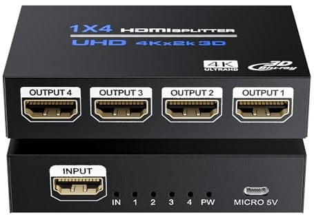 Bolaazul 4K HDMI-Splitter 1 in 4 Out, HDMI Gleichzeitig Mirror Adapter Verteiler 1x4 für 4 Displays, Unterstütz Full HD 4K/30Hz 1080p 3D HDCP 1.4 für PS3, PS4, Blu-Ray DVD Player, Projector