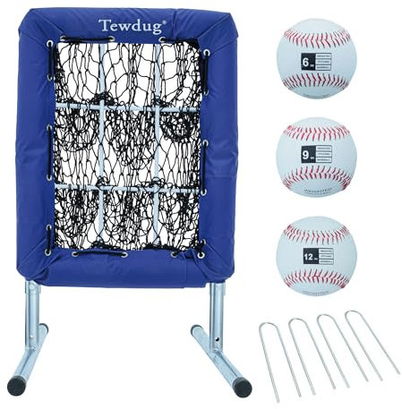 Pocket Pitching Net - 9-Hole Target Strike Zone for Baseball & Softball Pitchers - Best Pitching Aid for Improved Accuracy, Pitcher Training Equipment + 3 Weighted Practice Balls (6, 9, 12 oz) Blue