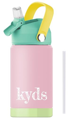 kyds® Trinkflasche Kinder, Thermo Edelstahl Wasserflasche, Auslaufsicher, mit Trinkhalm, hygienischer Klappdeckel, BPA-frei, spülmaschinenfester Deckel, Trinkflasche für Schule Sport