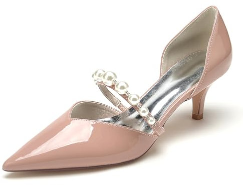 ARPINO Mittlere High Heel Hochzeit Schuhe für Frauen Spitze Spitze Braut Lack Kitty Heels mit Perlen,Rosa,39 EU, 65781886-PINK-8