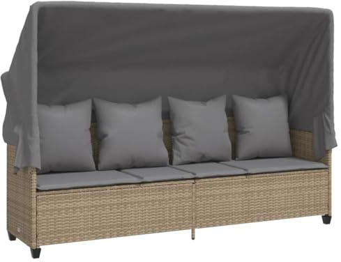 vidaXL Sonnenliege, Sonnenbett mit Sitzkissen 4 Rückenkissen, Outdoor Liege mit ausziehbarem Sonnendach, Gartenliege Tagesbett, Beige Poly Rattan