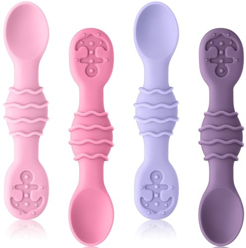 Qkie Silikon Babylöffel, 4er Set Baby Lernlöffel, Esslernlöffel, Bpa-Frei Baby Besteck, Baby Löffel Selber Essen, Blw Baby Led Weaning Zubehör (Lollipop Pink)