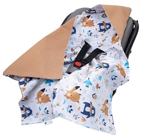 Medi Partners Einschlagdecke Baby Babyschale 100% Baumwolle für Sommer 85x85cm Kinderwagen Kuscheldecke universal Baby Decke Einschlagdecken Babydecke Buggy Autositz (Boho Animals mit Beige Waffel)
