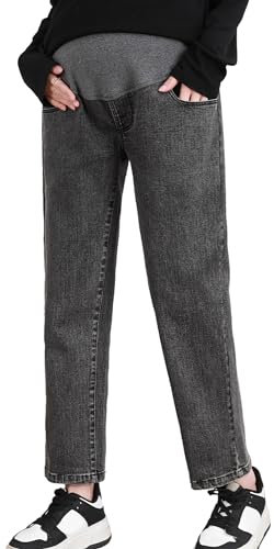 FEOYA Jeans de Maternité pour Femmes Pantalon de Grossesse en Denim à Jambes Larges et Décontractées Pantalon Jean avec Poches pour Femmes Enceintes Gris M