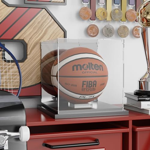 Xiomot Basketball-Vitrine mit Spiegelrückseite und schwarzem Metall-Rillenboden, Acryl-Basketballkoffer, stapelbar, mit abnehmbarem integriertem Basketball-Display-Ständer für Sport-Sammlerstücke