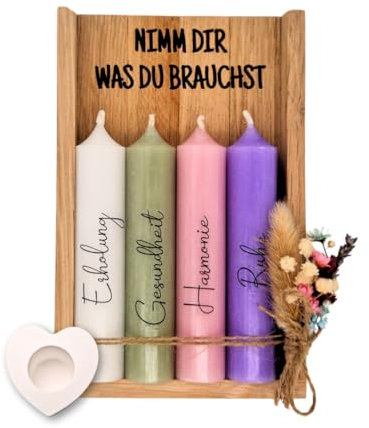 HolmCraft - Nimm dir was du brauchst | Kerzenset mit Kerzenständer | Handgefertigt | Perfekte Geschenkidee zum - Geburtstag, für Frauen, Freundin & Schwester | Wunscherfüller (weiß, lila, grün, rosa)