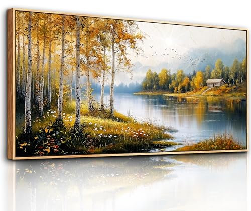 hyidecorart Goldene See Landschaft Leinwand Bild mit Rahmen Holz, 73x146 cm XXL Wandbilder Wohnzimmer Modern Bilder, Wanddeko Aesthetic Schlafzimmer Badezimmer Kunst Büro Zimmer Esszimmer