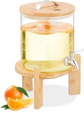 Relaxdays Dispenser in Vetro per Bevande Fredde e Calde, Erogatore Bibite da 5 L, con Rubinetto e Coperchio in bambù