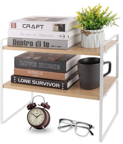 LOPYXBR Estantería de escritorio de madera, 40 x 20 x 36 cm, estantería de escritorio de 2 niveles, estantería de almacenamiento multifuncional, color blanco, para el hogar, oficina, escuela