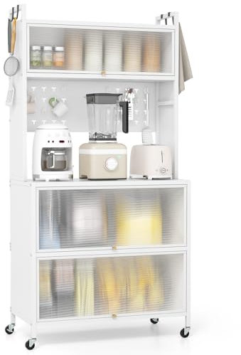 COSTWAY Kitchen Storage Cabinet, 5/6 Tier Bakers Rack Microwave Stand with Flip Door Cabinets, Pegboard, Hooks, Wheels & Adjustable Foot Pads, Freestanding Pantry Cupboard (5 Tier, 80x40x163cm, White)