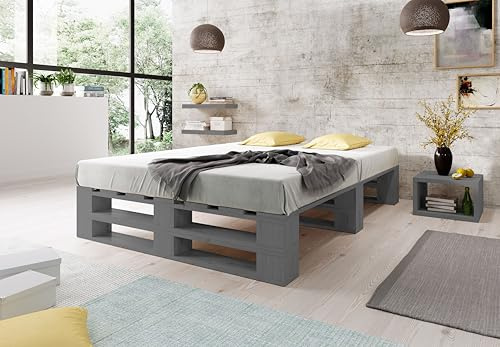Lermowood Palettenbett M2 aus Holz 180 x 200 cm Grau mit Lattenrost Holzbett 40cm Stabiles Seniorenbett Kinderbett Jugendbett Gästebett erhöhtes Einzelbett Bettgestell Futonbett Komforthöhe
