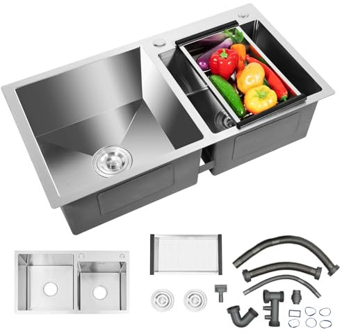 Fregadero de cocina, fregadero de cocina de acero inoxidable con escurridor y 2 filtros de residuos, 1 lavabo empotrado en la cocina, fregadero de 30 L + 23 L, de acero inoxidable para cocinas, 78 x