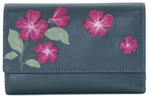 Mala Leather Sakura Floral Large Tri-Fold Purse – Genuine Leather – Japanese Flowers Design – 9 Card Slots, ID Window, Zipped Coin Pocket – Grey, Purple, Navy – 14.5 x 9.5 x 3 cm (Navy)
