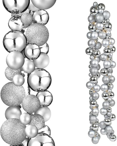 BAKAJI Ghirlanda Natalizia 142 Palline di Natale da 3cm e 5cm, Festone Natalizio 180cm Addobbo Decorazione Interno e Esterno Design Matt e Glossy, Camino, Albero, Corrimano, Porta (Argento)