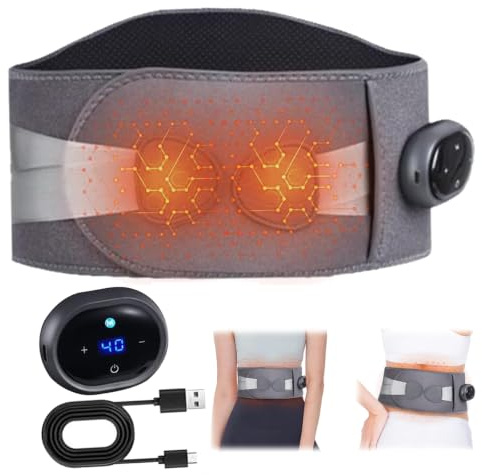 BIZOI Electric Heated Massage Belt, Cordless Heating Pad with Massager for Back Pain Relief and Period Cramps, Portable Heated Back Wrap with 3 Levels Adjustable, 2000mAh Battery and Vibration Massage