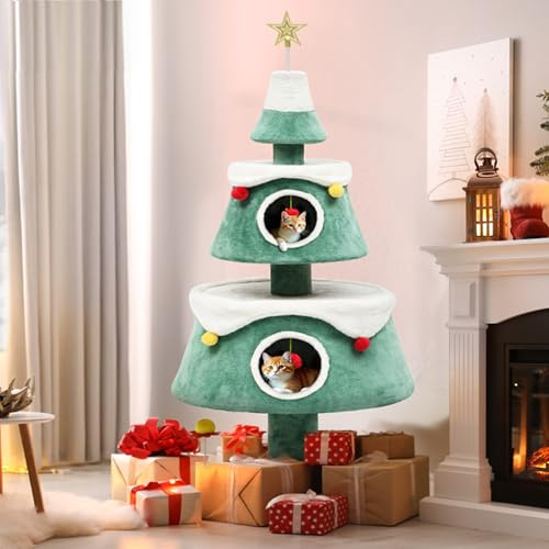 YITAHOME Christmas Cat Tree for Indoor Cats,160.5cm/5.3ft Cat Tower Light | with 2 Cosy Cat Houses, Xmas Cat Bed with Star Topper, Hanging Plush Balls, Festive Christmas Décor & Gift for Cat Lovers