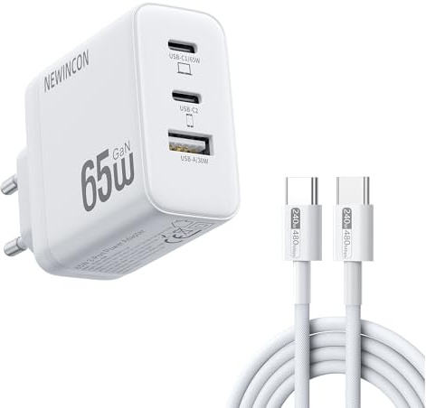 NEWINCON 65W Chargeur USB C 3-Ports GaN III, Chargeur Rapide PPS PD3.0 avec 240W 1,8M câble, Alimentation USB C Compacte pour MacBook Air/Pro, iPhone 17Pro/16, Galaxy S25/S24, iPad Pro/Air, ThinkPad.