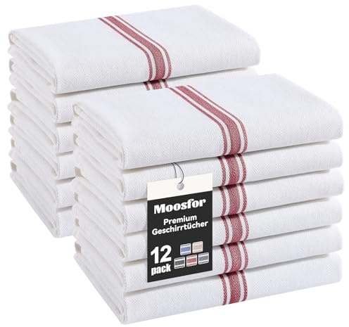 Moosfor Premium Geschirrtücher 100% Baumwolle 12er Set 38 x 64 cm Rot | Saugstarke & Langlebige Küchentücher, Oeko-TEX Zertifizierte Weiche Dicke Geschirrhandtücher spültücher, Gastronomiequalität