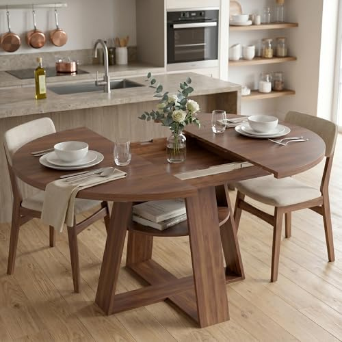 HIYYIH Esstisch ausziehbar, moderner Schlichter nussbaumfarben ovaler Esstisch Holz, Esszimmertisch rund, 1 Zusatzplatten, Länge 100/140 x Breite 100 x Höhe 75 cm