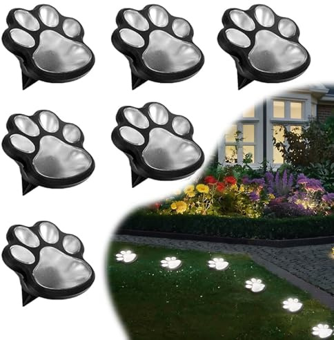 AXVRAV 6 Stück Solar Bodenleuchten Aussen 9 cm, Wetterfest Solarbetriebene Pfotenabdruck-Gartenlichter, LED Gartenbeleuchtung Solars für Boden Weg Rasen Patio Gehweg (Kaltweiß, Schwarz)