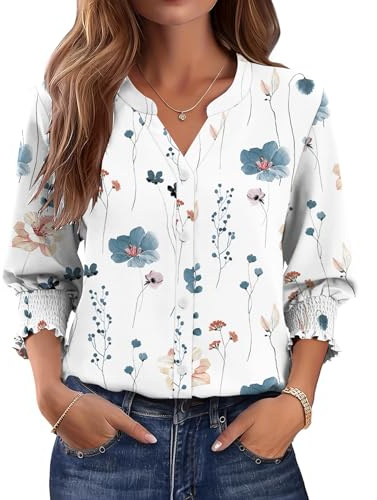 Rapbin Women Shirt UK 3/4 Sleeve Blouses Clothes Button Down Tops Shirts | Women Shirt UK 3/4 Sleeve V Neck Blouses Clothes Summer Button Down Tunic Tops Work Office T Shirts Clothing