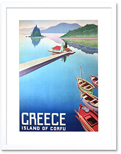 Wee Blue Coo TRAVEL ISLAND CORFU GREECE BOATS PIER FRAMED ART PRINT PICTURE & MOUNT F12X1248