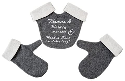 Goldi-Design Partnerhandschuhe für Brautpaare personalisiert mit Namen und Hochtzeitsdatum aus Doppelfacefleece - grau/weiß