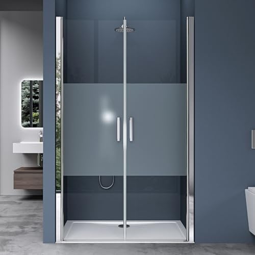doporro Duschtür Nischentür dusche Duschabtrennung Duschkabine 120cm Nischendrehtür 195cm ESG-Sicherheitsglas Duschtür mit Milchglas-Streifen Drehtür mit Hebe- und Senkmechanismus Teramo24MS