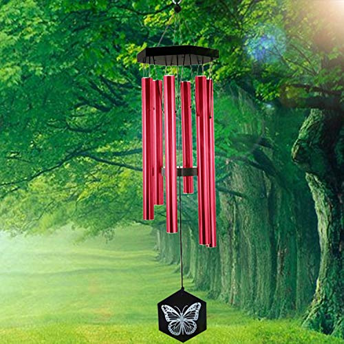 Funmy Carillon à vent étonnant carillon mélodique naturel bambou/6 tubes en aluminium, décoration de qualité pour jardin, maison, extérieur et intérieur carillon argenté - 84 cm de long Rouge