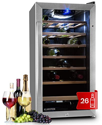 KLARSTEIN Cave a Vin, Réfrigérateur à Vin avec Porte en Verre, Cave à de Vieillissement, Zone Unique, Prosecco, Bière, Ecran Tactile, Réfrigérateur Bar, Frigo, Protection UV, 5-18°C, 26 Bouteilles