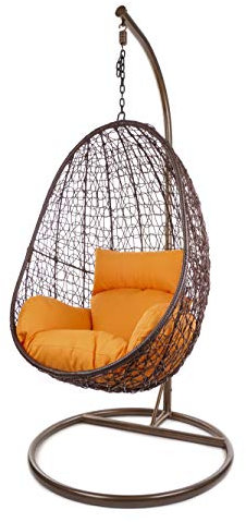Kideo Komplettset: Hängesessel mit Gestell & Kissen, Indoor & Outdoor, Poly-Rattan (Gestell- und Korbfarbe: braun, Kissen: orange Nest (3030 Tangerine))