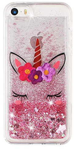 CUAgain Compatible with iPhone SE 2016/5/5S Case Clear Glitter Silicone 3D Sparkle Bling Cover Liquid Transparent Bumper Shockproof for Girls Boys Women Men Pink unicorn