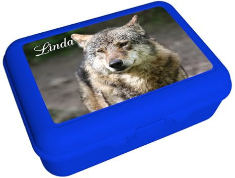 CreaDesign, Kinder Brotdose, Lunchbox, Vesperbox blau mit Fächern Einsatz, ideal für Kita, Kindergarten und Schule, Wolf, 13,9 x 19 x 7 cm, Volumen 1 Liter