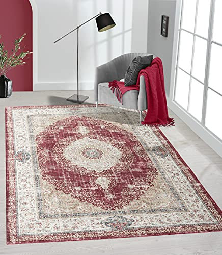 the carpet Elira Teppich, Flachgewebe, Robust, Modernes Design, Vintage Optik, Used Look, Superflach, Baumwollrücken, waschbar, Orientalisch, Rot, ca. 140 x 200 cm