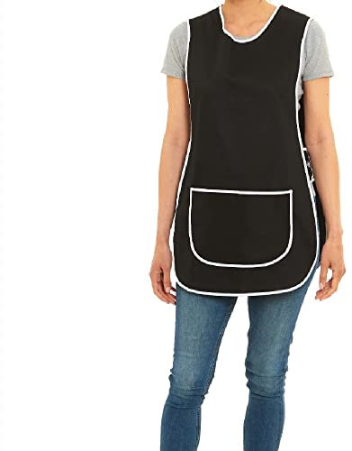 ER Direct Womens Home Work Kitchen Catering Cleaning Bar Plus Size Plain Coloured Large Pocket Side Fastening Tabard Apron (Black/White, M)