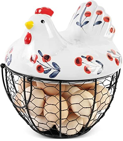 Flexzion Chicken Egg Basket - Wire Chicken Egg Basket with Ceramic Chicken Cover and Handles - Rustic Country Farmhouse Decor Countertop Egg Holder, Rustic Cherry