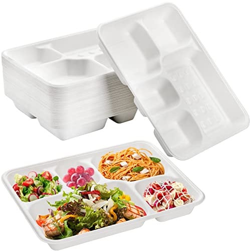 Hacaroa 50 Pack 5-Compartment Bagasse Plates, Natural School Lunch Trays, Rectangular for Party, Picnic, Eco-Friendly, Biodegradable, White