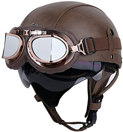 LHBM Rétro Casque Moto Bols,Casques Demi-Jet Homologué Dot/ECE avec Visière UV Lunettes Casque de Moto Cuir Style de Vintage Demi Casque pour Scooter Bike Chopper Moped Casque H,S=55-56cm