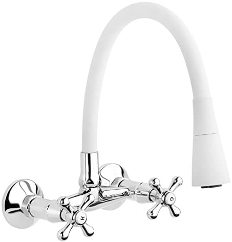 Blanco Pico Flexible Cromo Grifo Cocina Grifo Montado Pared Mezclador Crucetas