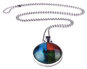 Adi-Modeschmuck Kette 'Inga', 70cm Kugelkette mit 25mm Anhänger | Zweiseitiger Anhänger, Farbige Motive unter Glas Cabochons, Handgearbeitet in Berlin