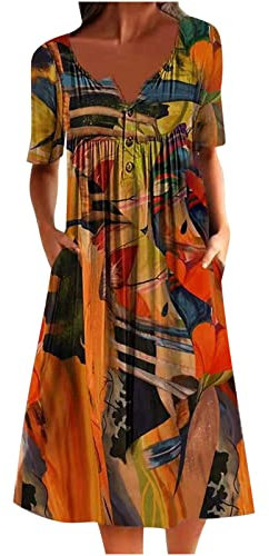 Sommerkleid Damen, Kleider Damen Sommer, Kleid Damen Elegant, Damen Sommer Casual Rundhals Kurzarm Falten Retro Bedruckte Kleider Strandkleid Freizeitkleid