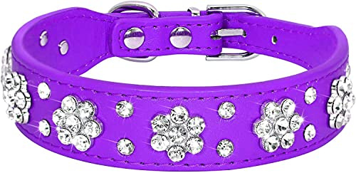 haoyueer Rhinestone Dog Collar, Cute Flower Rhinestone Cat Dog Collar Bling Collar PU Leather Collar Adjustable Sizes Small Medium Large (L, Purple)