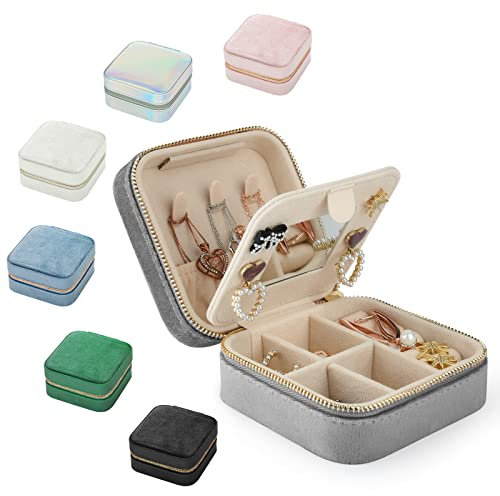 NUZEKY Reise Schmuckkästchen, Schmuck Reiseetui für Damen Schmuckkästchen Klein Samt Schmuckaufbewahrung Schmucktasch für Reisen Ringe Ohrringe Halsketten Ohrstecker-Schmuck Organizers(Grau)