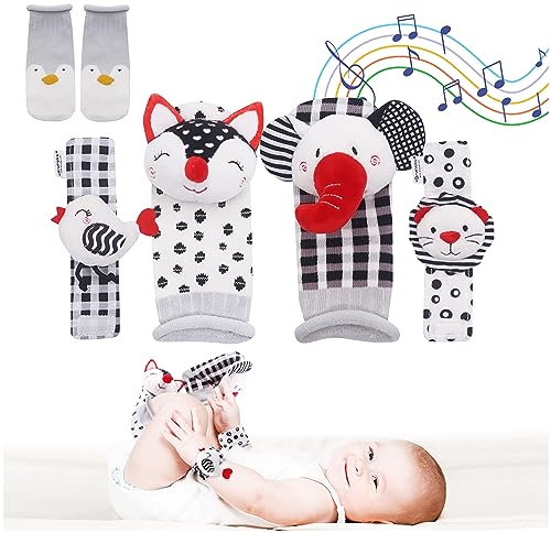 brunoko Chaussettes bébé ensemble de chaussettes hochet et bracelets pour bébé 3 en 1 - Jouets pour bébés de 0 à 12 mois - Chaussettes d'animaux mignons avec hochets intégrés