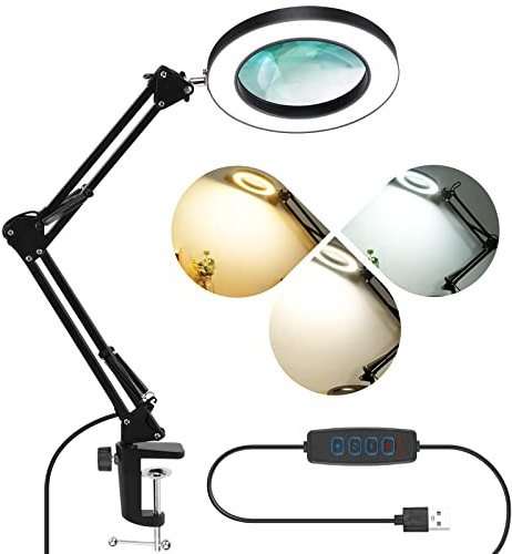 LabTEC LED Lupenleuchte, Lupe mit Licht, Tischlampe mit 5X Lupe, Dimmbare, 3 Farbmodi,12W 1200LM, 10 Helligkeitsstufen, Lupenlampe für Basteln, Lesen, Reparieren, Naharbeit