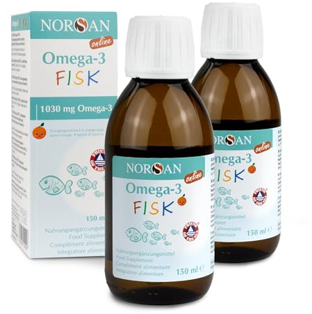 NORSAN Omega-3 FISK Kids Flüssiges Fischöl, 2 x 150 ml | 1.120 mg EPA & DHA pro Dosis, IFOS 5-Sterne-zertifiziert, kein Fischgeschmack, nachhaltiger Wildfang, gereinigt und sicher